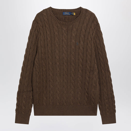 Brown Cable-Knit Cotton Crewneck Sweater