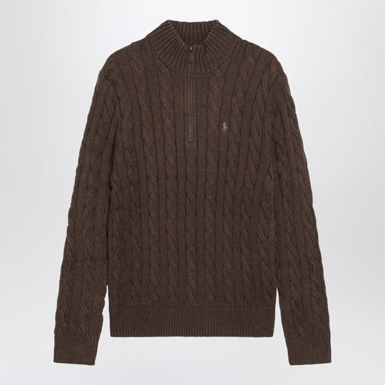 Brown Cotton Quarter-Zip Sweater
