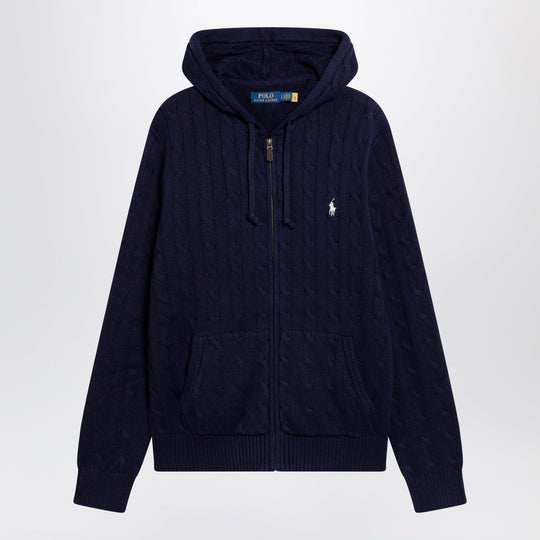 Navy Blue Cotton Cable-Knit Zip-Up Cardigan