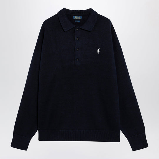 Navy Blue Polo Sweater With Flag Motif