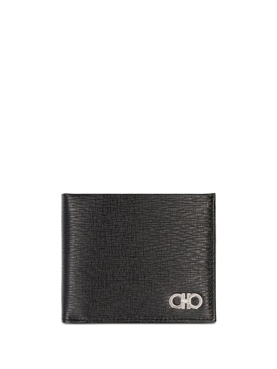 Hammered Leather Metal Gancini Bi-Fold Wallet