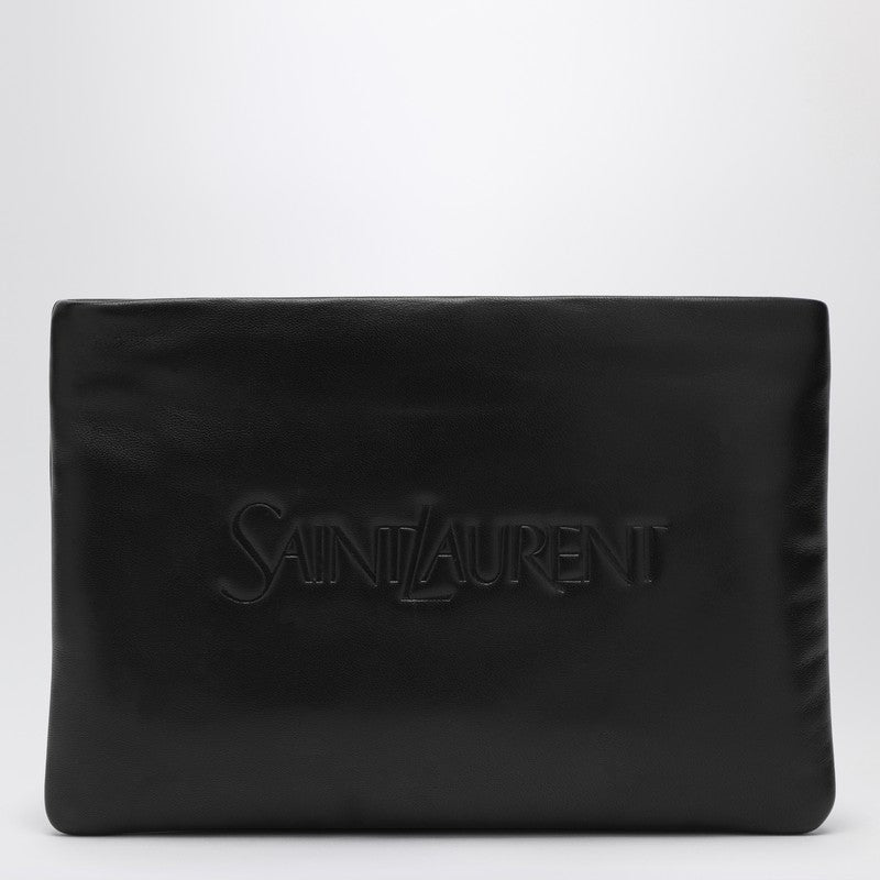 Black Padded Leather Clutch Bag With Logo