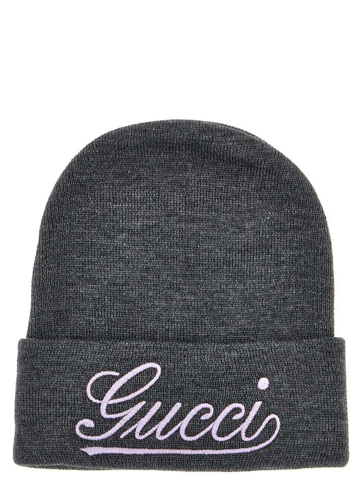 Gucci Logo Embroidery Beanie Hats - Gray | f99199aeae4aae4fa137a3369f60cc09d2c8c4ec