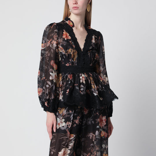 Black Carousel Peplum Lace Blouse