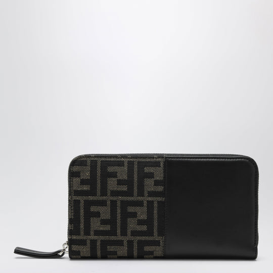 Black/Tabacco Zip-Around Wallet In Smooth Leather And Jacquard Ff