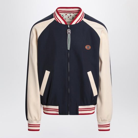 Blue/Cream Bomber With Mixed Wool V Logo