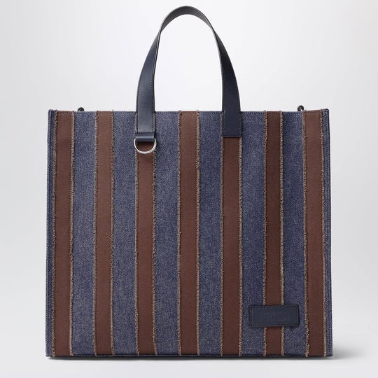 Pequin Shopper Bag In Dark Blue Denim And Brown Canvas