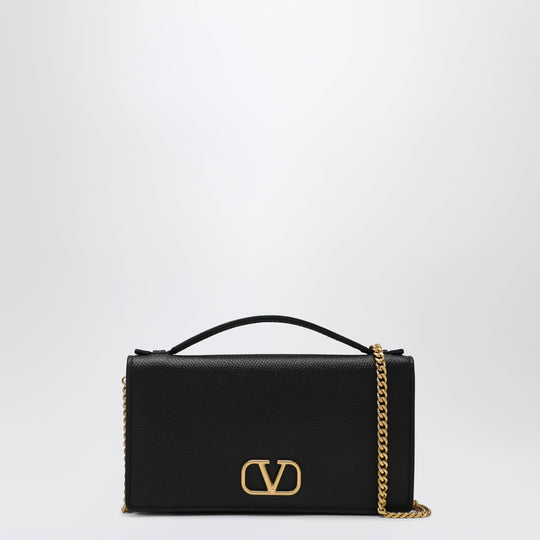 V Logo Wallet With Chain In Black Calf Leather