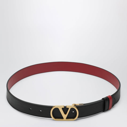 Reversible V Logo Signature Belt In Glossy Calfskin Black/Red