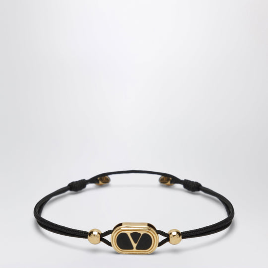 Black Cord Bracelet With Enamelled Gold V Logo