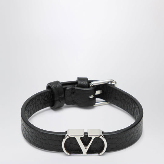 V Logo Signature Bracelet In Grained Calfskin Leather, Black