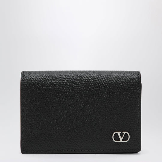 V Logo Bifold Card Wallet In Black Leather