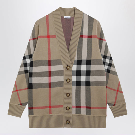Beige Check Cardigan In Wool Blend