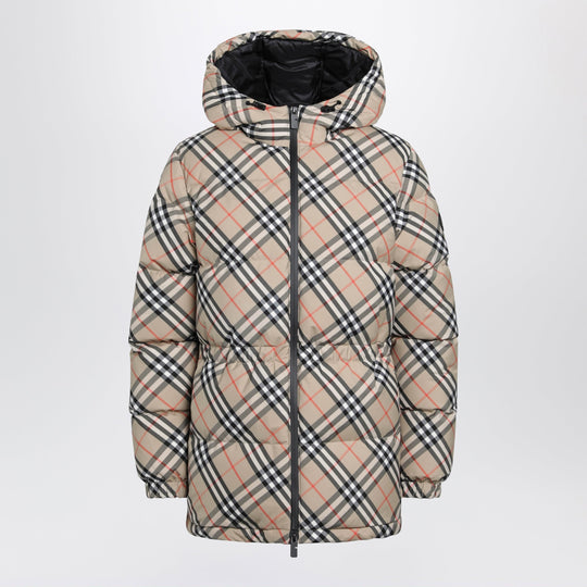Hooded Check Nylon Puffer Jacket In Sand