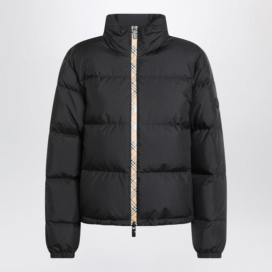 Black Zip-Up Puffer Jacket With Check Detail