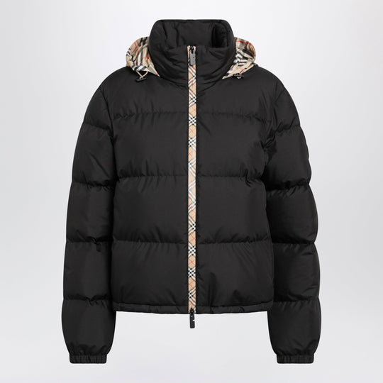 Black Zip-Up Down Jacket With Check Detail