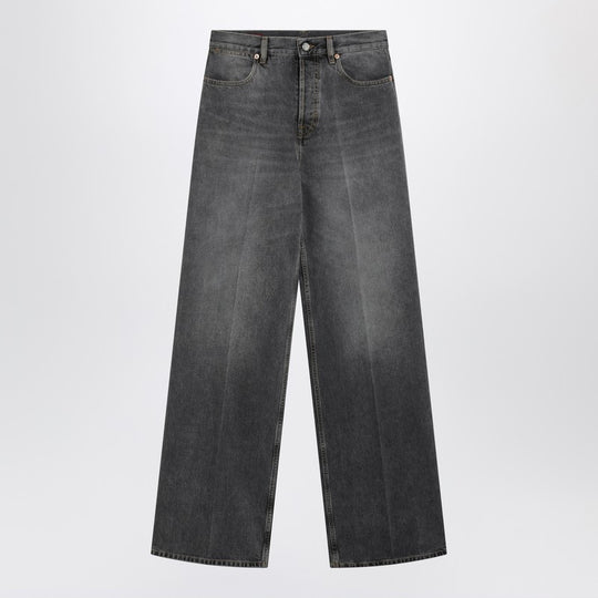 Grey Stone-Washed Wide-Leg Jeans