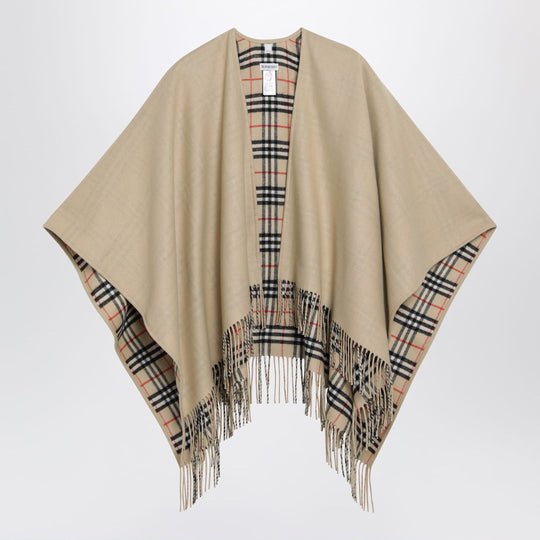 Reversible Wool Check Cape With Fringes In Sand Beige