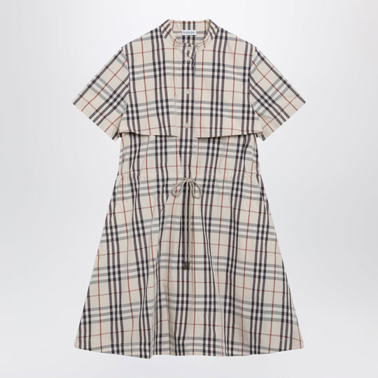 Beige Check Short-Sleeve Cotton Dress