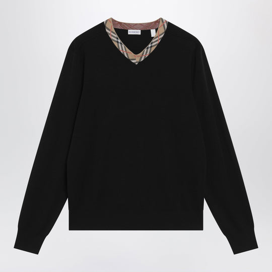 Black Wool Sweater With Check Motif Neckline