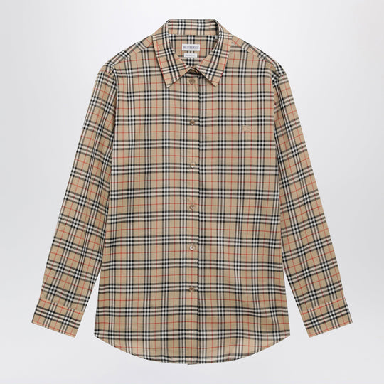 Beige Cotton Shirt With Check Pattern