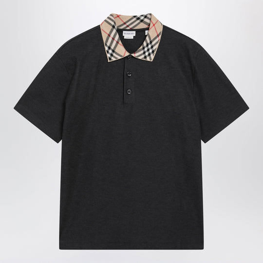 Dark Grey Polo Shirt With Check Collar