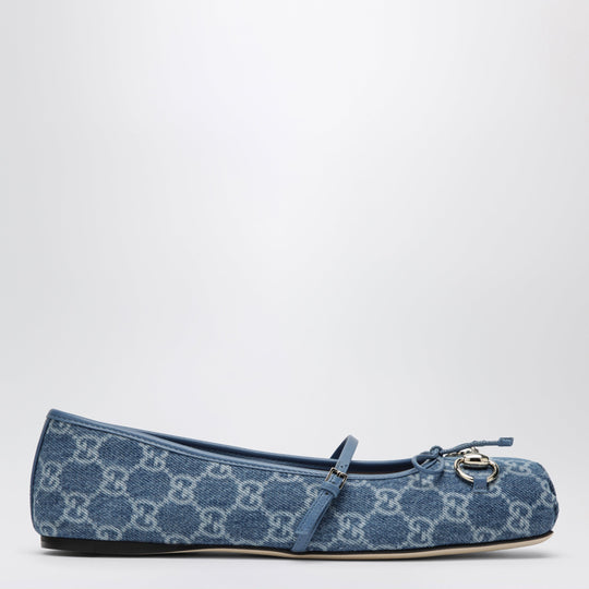 Blue Gg Denim Ballet Flats With Horsebit Detail