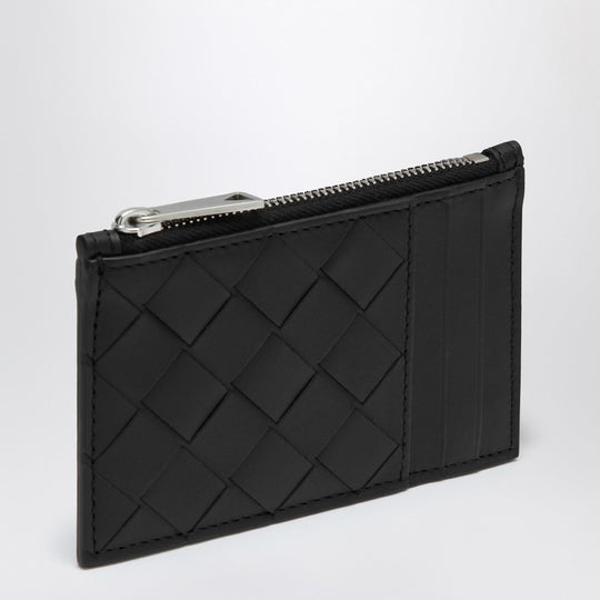 Black Leather Card Case With Intrecciato Pattern