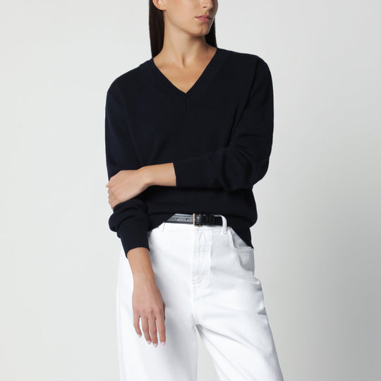 Navy Blue Wool Sweater With Double V-Neck