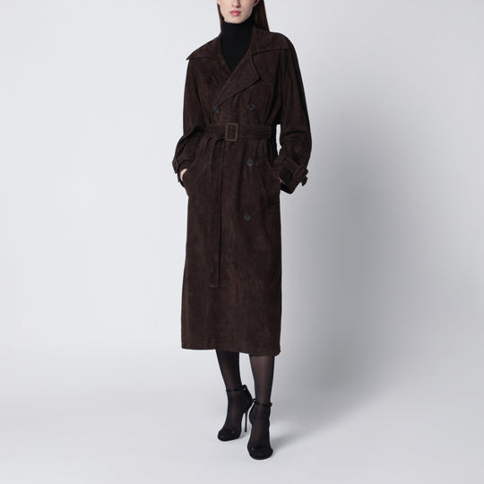Brown Double-Breasted Suede Trench Coat
