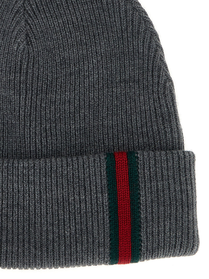 Gucci Web Detail Beanie Hats - Gray | 8b746b0f6a1865bd2cec00b88af51e5e49c2d7e3