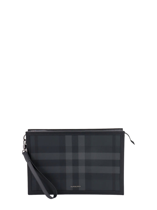 Coated Canvas And Leather Clutch With Tartan Motif