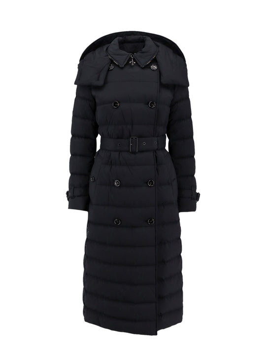 Padded Quilted Nylon Long Jacket Wit Belt And Removable Hood