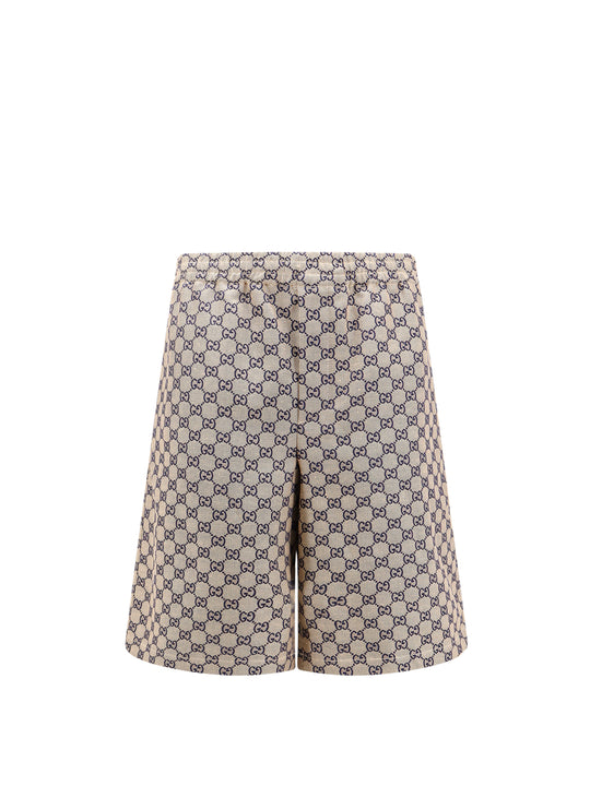 Linen Blend Bermuda Shorts With Gg Motif