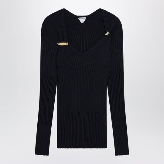 Ribbed Sweater With Prisma Pins In Blue Cashmere And Silk