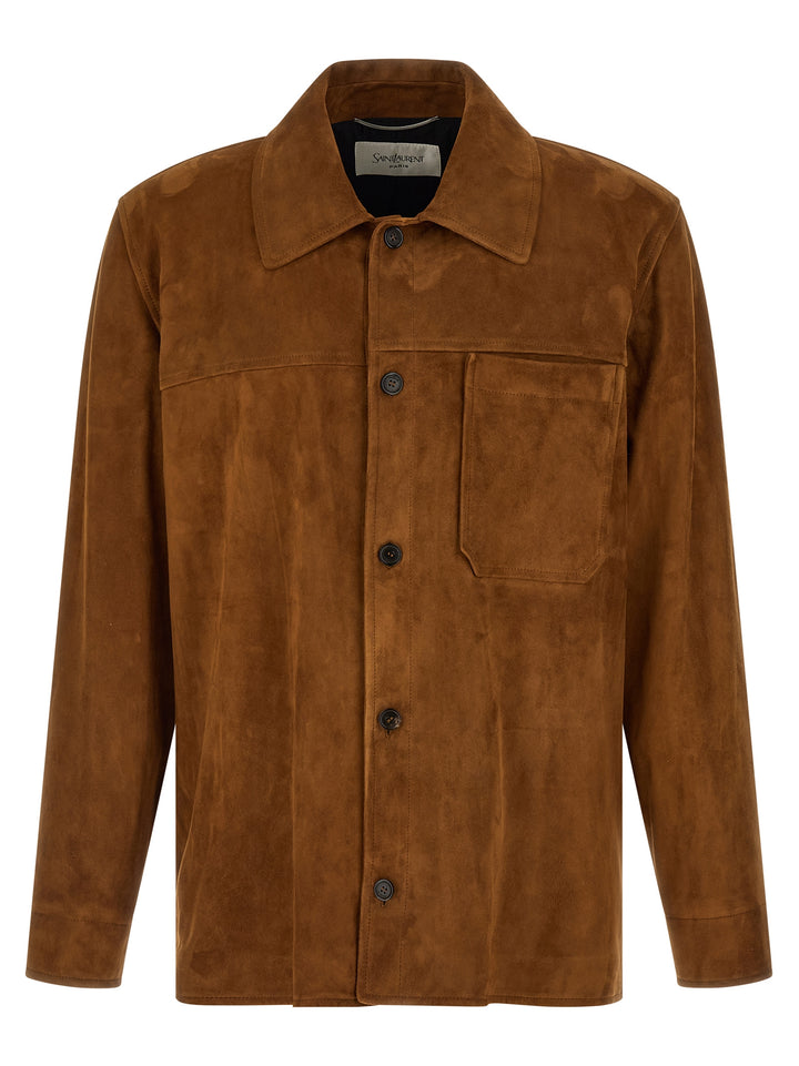 Saint Laurent Suede Overshirt Puffer Jackets - Brown | c9bd77c920de0060c1ccbcd880287a5873452f15
