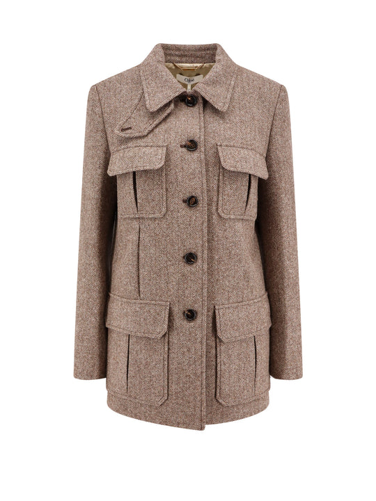 Virgin Wool Jacket With Herringbone Motif