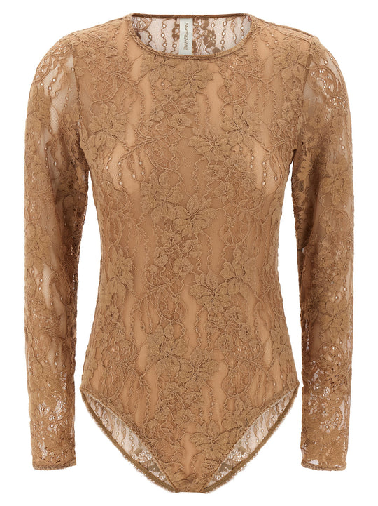 Lace Bodysuit Tops Beige