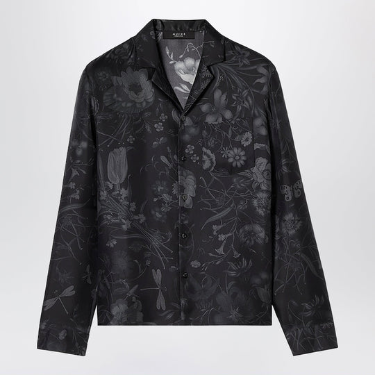 Black Silk Twill Bowling Shirt With Print