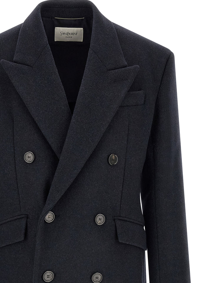 Saint Laurent Double-Breasted Coat Coats and Trench Coats - Blue | 9d82f50b859ed847540b5946990744ecddffa1a1