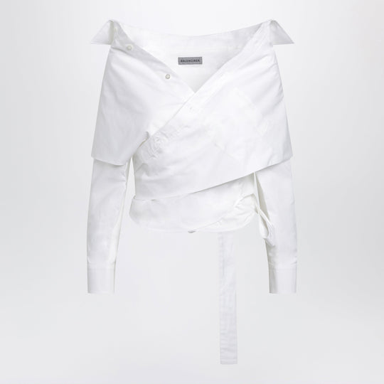 White Wrap Shirt With Off-Shoulder Design