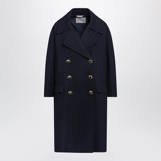 Long Navy Textured Wool Pea Coat