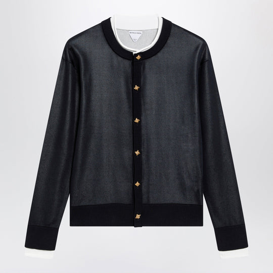 Midnight Blue/White Double-Knit Silk Cardigan