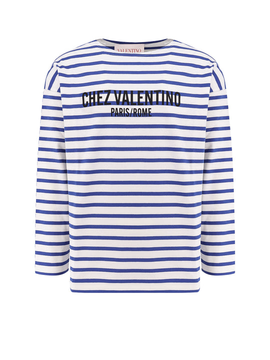 Striped Cotton T-Shirt With Chez Valentino Paris/Rome Print