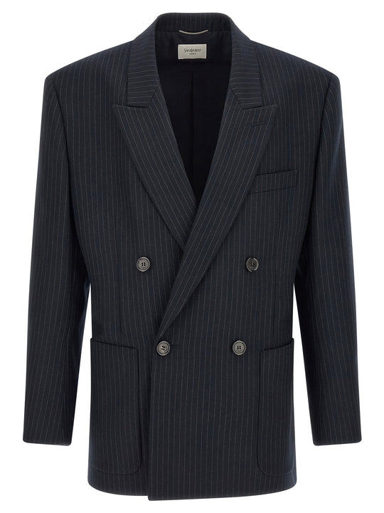 Pinstriped Double-Breasted Blazer Blue