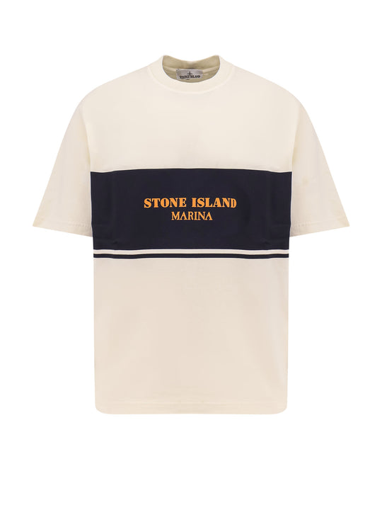 Organic Cotton T-Shirt With Stone Island Marina Print