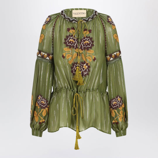 Embroidered Lurex Silk Shirt Green Camou