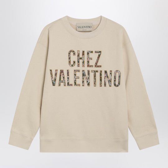 Ivory Cotton Sweatshirt With Chez Valentino Floral Motif