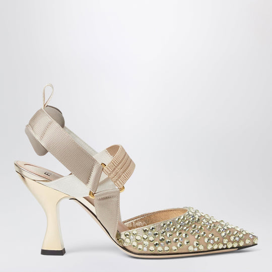 Nude Mesh And Light Green Crystal Colibrì Slingbacks
