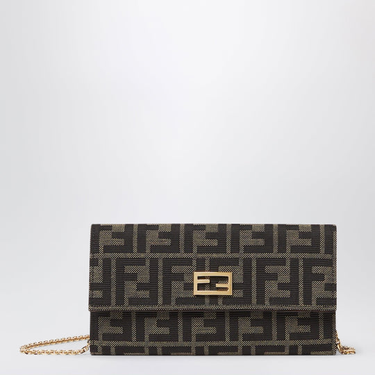 Tube Continental Wallet With Chain In Ff Zucca Jacquard And Brown Leather